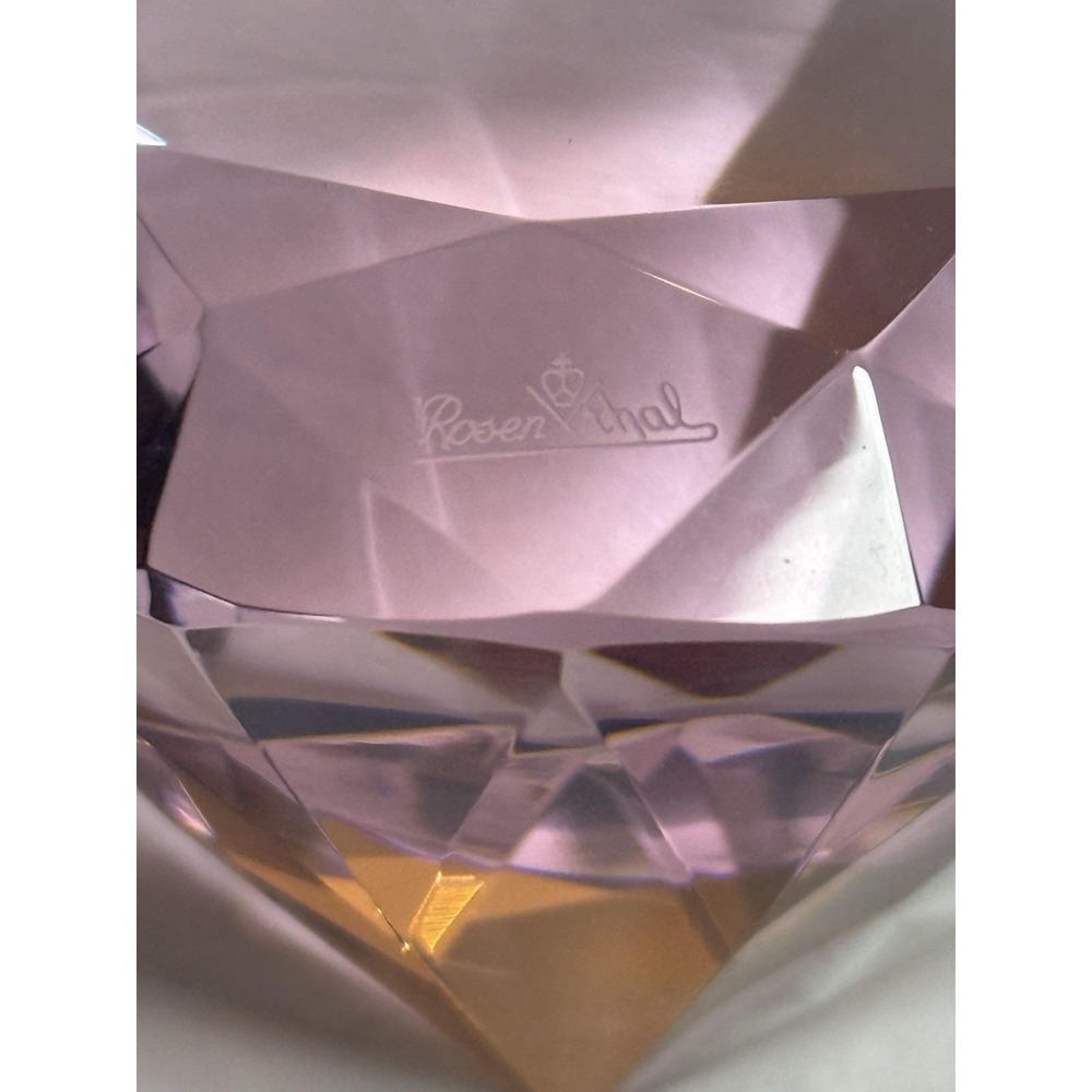 VTG Pink Glass Faceted Diamond Paperweight W/Original Box - Signed By Rosenthal - Picture 7 of 11